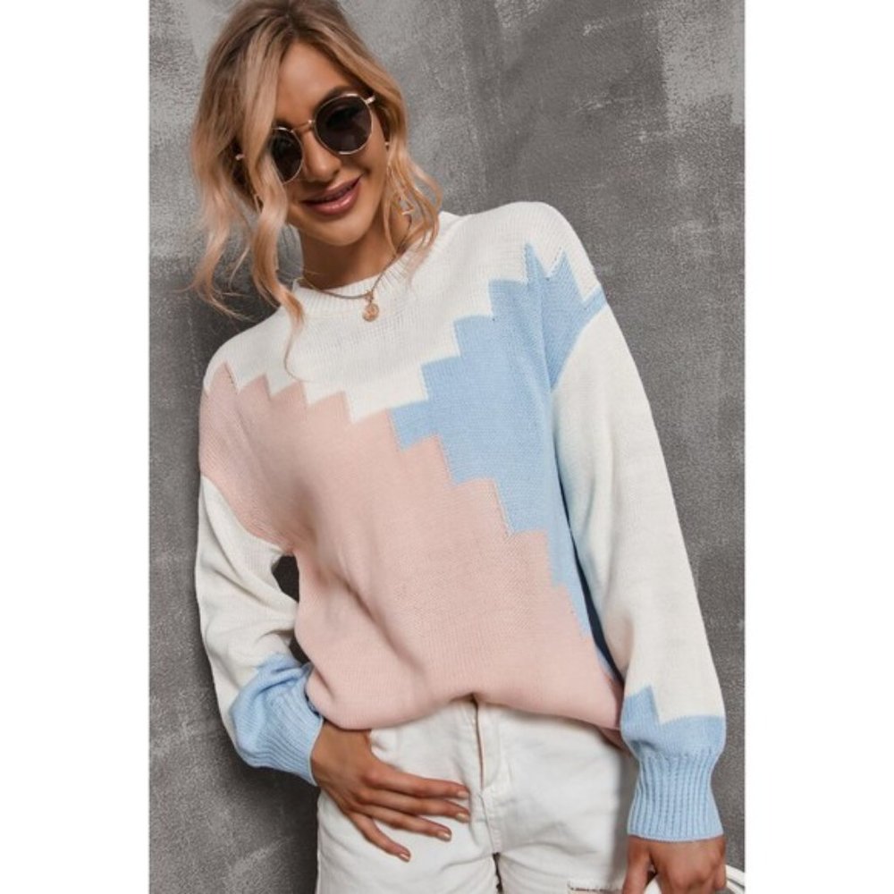 Color Block Dropped Shoulder Knit Pullover - Picture 4 of 12